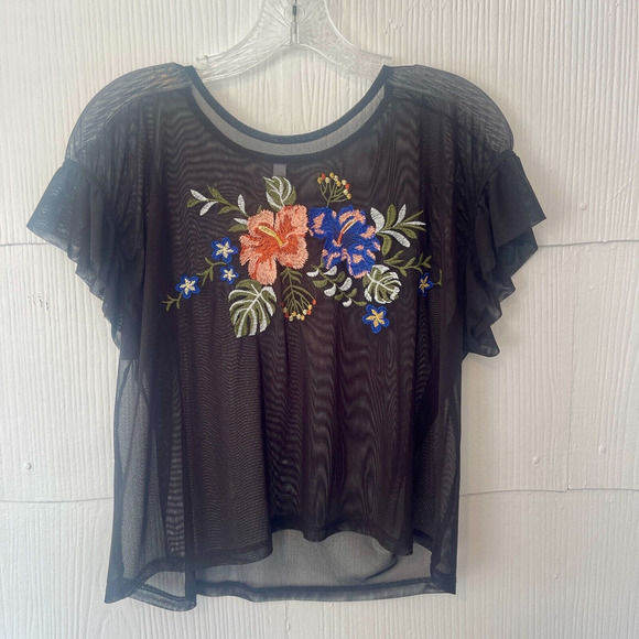 Womens Sheer Mesh‎ Floral Top Small Black Embroidered Lace Ruffle Whimsigoth Y2K - Picture 1 of 6